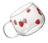 Mikikit 350ml Glass Strawberry Print Coffee Mug with Handle and Smooth Edges Large Capacity Drinking Cup for Hot Beverages Suitable for Home and Office Use