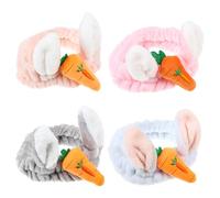 Mikikit 4pcs Bunny Ear Headbands for Washing Face Soft Coral Fleece Skin-friendly Hairbands Rabbit Ears and Carrot Design Elastic Headwraps for Cosmetic and Face Mask Use Random Color