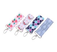 Mikikit 4pcs Key Rings Lip Balm Pouch Colorful Printing Polyester Fabric Dual-use Never Lose Lipstick Women Gym Bag Clip-on Lipstick Pouch Wave Pattern Key Bags