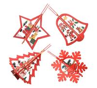 Mikikit 4pcs Wooden Christmas Hanging Ornaments Laser Cut Hollow Xmas Tree Decorations Red Cartoon Style Xmas Supplies for Indoor Holiday Party and Home Decor