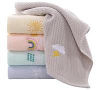 Mikikit 5pcs Cotton Hand Towels, Absorbent Cartoon Face Washcloths, Soft Pure Cotton Small Towels for Bath and Facial Care, Multi-color Set (yellow, Pink, Green, Blue, Grey)
