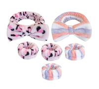 Mikikit 6pcs Women’s Spa Headband and Wristband Set, Pink Leopard Print Blue Red Stripe, Soft Flannel Face Wash Hair Accessories for Skincare and Makeup