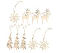 Mikikit 9pcs Wooden Snowflake Tree Reindeer Cutouts Christmas Pendants Craft Decorations for Holiday Party Home Festive Ornament
