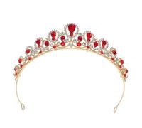 Mikikit Baroque Red Rhinestone Crown Headband for Bride, Princess Wedding Tiara Bridal Headpiece, Medieval Queen Costume Hair Accessory for Special Occasions