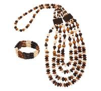 Mikikit Boho Jewelry Set for Women - Handmade Brown Wooden Bead Layered Necklace, Bracelet Statement Earrings - Vintage Ethnic Multi-layer Beaded Choker Beach Accessories