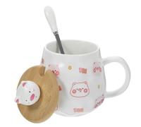 Mikikit Ceramic Couple Coffee Mugs Lid Pig Pattern White Afternoon Tea Cups Decorative Milk Water Storage Cups for Office and Home Use