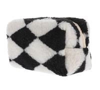 Mikikit Checkered Makeup Bag Plush Cosmetic Pouch Small Fluffy Zipper Storage Case Teen Travel Organizer Cute Multifunctional Pen Bag for Women