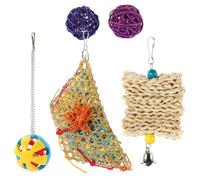 Mikikit Chicken Treat Ball Set 5pcs Hanging Feeder for Parrots and Chickens Plastic and Grass Materials with Bamboo Weaving Filled with Shredder Loofah for Pet Bird Health and Random Color