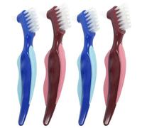 Mikikit Denture Cleaning Brush Dual Heads Portable False Tooth Brush 4pcs Set Double Sided Design Soft Bristles for Effective Plaque Removal Elderly Denture Care Supply Travel Use