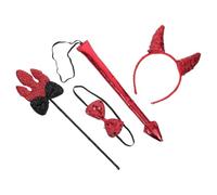 Mikikit Halloween Devil Costume Set with Sparkly Horn Hair Hoop, Fluffy Bow Tie, Demon Tail, and Trident Wand Lightweight Party Accessories to Enhance Role-play Fun for Women and Youth