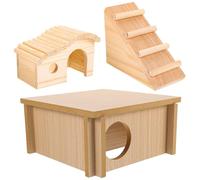 Mikikit Hamster Hideout House with Wooden Ladder and Two-room Platform, Small Animal Playground for Cage, Natural Wood Pet Shelter for Hamsters and Guinea Pigs