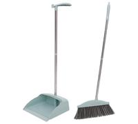 Mikikit Household Broom and Dustpan Set, Vertical Broom with Long Handle, Light Blue Two-Piece Cleaning Kit for Home and Kitchen Use, Non-Stick Hair and Debris Sweep, Heavy Duty Dustpan