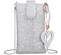 Mikikit Lightweight Crossbody Cell Phone Bag for Women Silver Small Purse with Heart Keychain for Daily Use and Travel