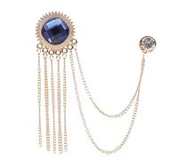 Mikikit Men’s Vintage Brooch Pin Gold Chain and Blue Sapphire, Decorative Hanging Lapel Pin for Business Suits, Elegant Clothing Accessory for Formal Wear