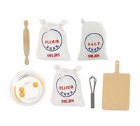 Mikikit Miniature Kitchen Cooking Tool Models 7pcs Set - Dollhouse Baking Props Including Rolling Pin, Whisk, Flour Salt Bags - Decorative ’ Miniature Scene Décor for Play and Display