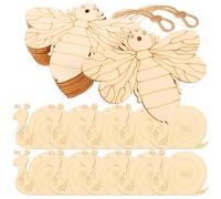 Mikikit Natural Wood Insect DIY Cutouts 4-Set with Hemp Rope, Unfinished Wooden Bee and Snail Craft Pieces for Party Decorations and Woodcraft Projects