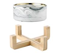Mikikit Nordic Style Ceramic and Wood Pet Feeder Bowl Set for Cats and Pets, Practical and Convenient Grey Marble Patterned Cat Food Bowl with Wooden Stand, for Family Use