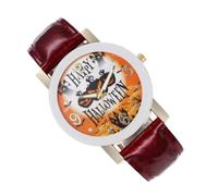 Mikikit Pumpkin Witch Castle and Accurate Time Keeping Quartz Watch Halloween Themed with Elegant Red Metal Strap, Precise Quartz Movement for Women for Everyday Style and Cosplay Party