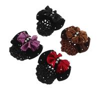 Mikikit Rhinestone Velvet Mesh Hair Bun Holder Clips 4Pcs Featuring Plum Blossom Rhinestones in Purple, Black, Coffee, and Red - Snood Hairnet Barrette for Busy Healthcare Professionals