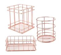 Mikikit Rose Gold Mesh Pen Holder with Hollow-Carved Metal Storage Basket 3Pcs Set for Office Desk and Kitchen Counter Organisation