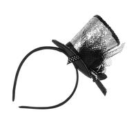 Mikikit Silver Sequin Top Hat Headband with Floral and Mesh Detail, Sparkling Party Hairband Decoration for New Year Festival Photo Props
