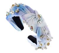 Mikikit Velvet Wide Knotted Headband with Tie-dye Pattern and Pearl Decoration, Blue Gradient Fabric Hairband for Women, Decorative Headpiece Suitable for Weddings and Parties