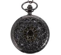 Mikikit Vintage Birthday Watch with Pocket Chain Black Alloy Hollow Quartz Retro Style Fine Texture Crown to Open for Day and Suitable Fathers Gifts