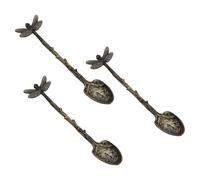 Mikikit Vintage Forest Style Coffee Spoons 3pcs Set Antique Green Dragonfly Twig Dessert Cake Spoons Food-Grade Metal for Home Kitchen and Coffee Use
