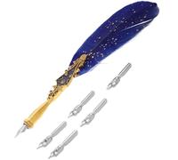 Mikikit Vintage Style Metal Dip Quill Pen with Ink Reservoir, Triangular Grip Calligraphy Practice Pen for Office and Artistic Writing, Blue Gold Accent