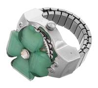 Mikikit Working Watch Ring Four Leaf Clover Flip Cover Small Green Finger Watch for Women with Time Display Everyday Use