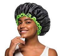 mikimini Black Shower Cap for Women and Men, Reusable Waterproof Shower Hats for Thick Curly Hair, Black Bath Caps with Green Edge Medium