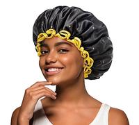 mikimini Black Shower Cap for Women and Men with Yellow Edge Medium, 2 Pcs | Reusable Waterproof Shower Hat for Curly Thick Hair, Double-Layered Medium Hair Hats 2 Packs