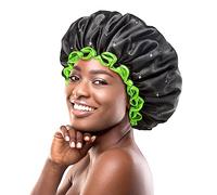mikimini Large Black Shower Cap for Women and Men, Reusable Waterproof XL Shower Hats for Thick Long Hair, Black Bath Caps with Green Edge