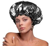 mikimini Large Shower Cap for Women Men Reusable Waterproof, Double Layer Adjustable Hair Cap with Elastic Band for Long Hair & Braids - Classic Black and White Design