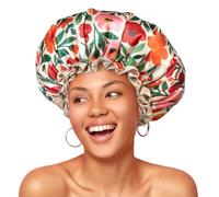 mikimini Large Shower Cap for Women Reusable Waterproof, Extra Large Hair Cap with Adjustable Elastic Band and Vibrant Floral Print, XL Bath Cap for Long Hair & Short Hair
