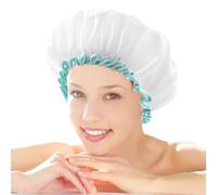 mikimini Reusable Shower Cap for Women Long Hair, Large 12 Inch, Double Layer Waterproof Elastic Band Bath Caps, Washable, Super Cute, White