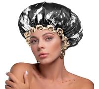 mikimini Shower Cap for Women Men Reusable Waterproof, Double Layer Adjustable Hair Cap with Elastic Band for Long Hair & Braids - Classic Elegant Black and White Design, Medium