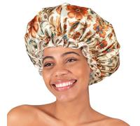mikimini Shower Cap for Women Reusable Waterproof - Double Layer Hair Cap with Adjustable Strap & Ruffle Edge, Extra Large Stylish Romance Print Bath Hat for Long Hair, Medium