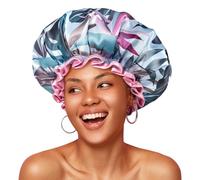mikimini Waterproof Shower Cap for Women, Reusable Shower Hat with Tropic Style Design, Shower Caps for Ladies with Elastic Bands for Medium Thick Hair, Medium, 2 Pieces