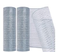 MIKIMIQI 2 Pack Deco Mesh 10 Inch x 30 Feet Deco Poly Mesh Ribbon with Metallic Foil Deco Mesh Wreath Supplies Wired Ribbon Mesh Roll for Spring Wreaths, Craft, Party Decoration (Silver)