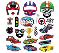 MIKIMIQI 25 Pcs Race Car Party Photo Booth Props with Stick, Racing Car Birthday Party Decorations Selfie Props for Boys Girls Funny Party Favors Supplies Checkered Flag Trophy Helmet Party Decors