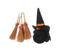 Mikinona 12pcs Miniature Witch Hats and Brooms Black Felt and Red Thread Small Halloween Dollhouse Decorations Tiny Witch Hat Decors for Micro Landscape DIY Craft