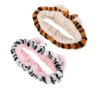 Mikinona 2 Pcs Plush Tiger Ears Headband for Women Adjustable Elastic Skincare Band Soft Cozy Towel Hair Wrap for Face Washing Makeup Mask Application Cute Yellow White Print Accessories