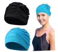 Mikinona 2pcs Elastic Pleated Fabric Swim Caps for Women and Men Breathable Lightweight Cloth Swimming Hats with Stretchy Fit for Braids and Long Hair Durable Comfortable Swim Accessories