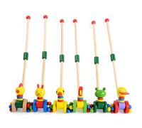 Mikinona 2pcs Wooden Walker Trolley Push Along Detachable Montessori Walking with Cartoon Duck and Chicken for Early Childhood Development