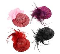 Mikinona 4pcs Mini Top Hat Fascinator Hair Clips with Glitter Veil Lightweight Woolen Barrettes for Women Steampunk Costume Party Wedding Cosplay Accessories in Red Purple Black Pink