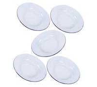 Mikinona 5pcs Retro Enamel Round Plates with Blue Rim for Hot Pot Snacks Serving Family Dinners Restaurant Use Stackable Space-Saving Easy Clean Home Pizza Salad Dish