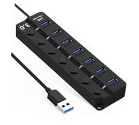 Mikinona 7-port USB 3.0 Hub with Independent Control Button, Abs Material, Backup Power Supply Port, Plug and Play Design, Multi Port USB Hub for Laptop and Computer Accessories