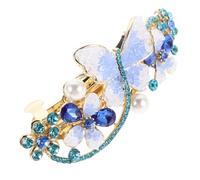 Mikinona Elegant Blue Rhinestone Hair Barrette with Butterfly and Flower Design Sparkly Jeweled Ponytail Clip for Women Retro Style Wedding and Formal Hair Accessory