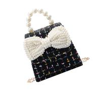 Mikinona Pearl Bowknot Handbag for Little Girl Black Cotton Linen | Artificial Pearl Handle, Single Shoulder Carry, Compact Coin Purse Format